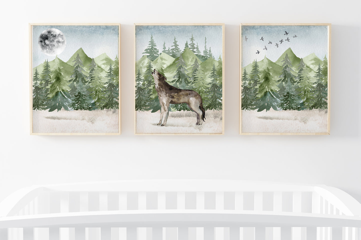 Moon and Wolf Printable Wall Art, Woodland Nursery Prints Set of 3 - Enchanted Green