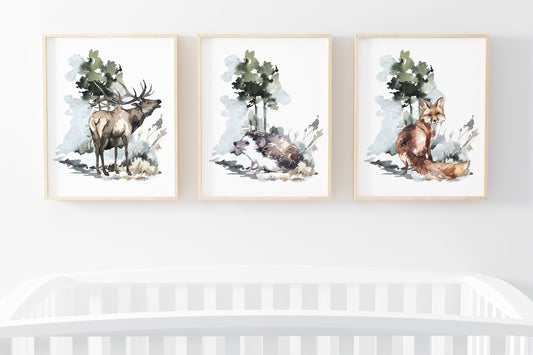 Deer Hedgehog Fox Printable Wall Art, Woodland Nursery Prints Set of 3 - Wild Nature