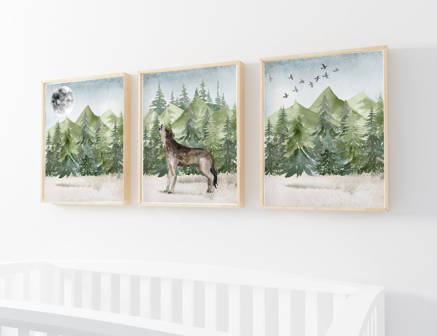 Moon and Wolf Printable Wall Art, Woodland Nursery Prints Set of 3 - Enchanted Green