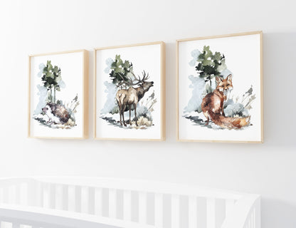 Deer Hedgehog Fox Printable Wall Art, Woodland Nursery Prints Set of 3 - Wild Nature