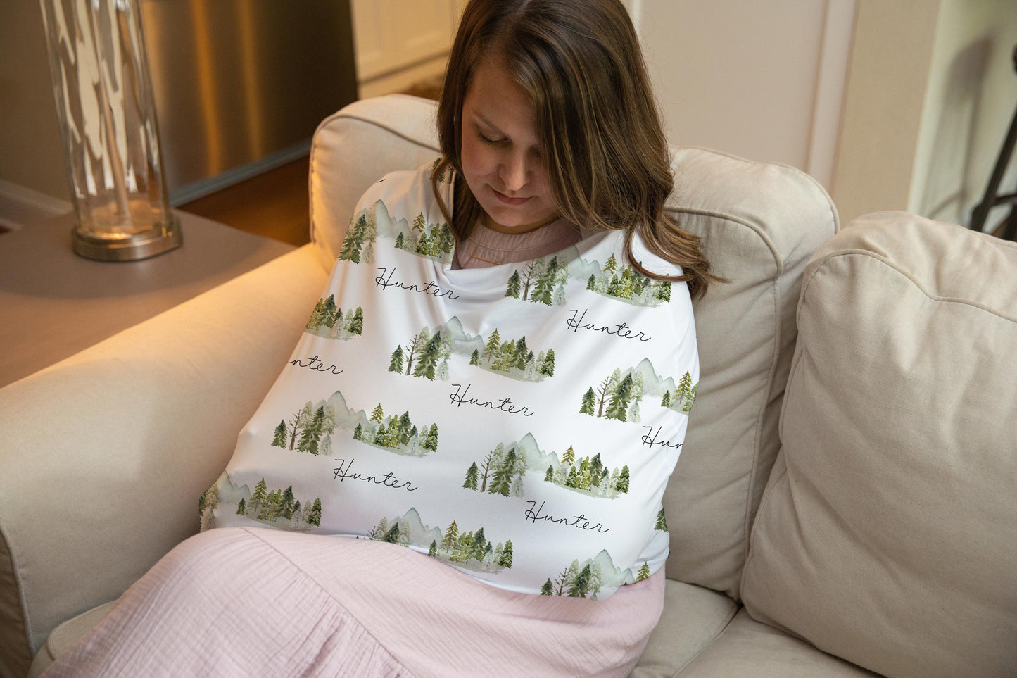 Mountains Personalized Car Seat Cover, Forest Nursing Cover - Wild Green
