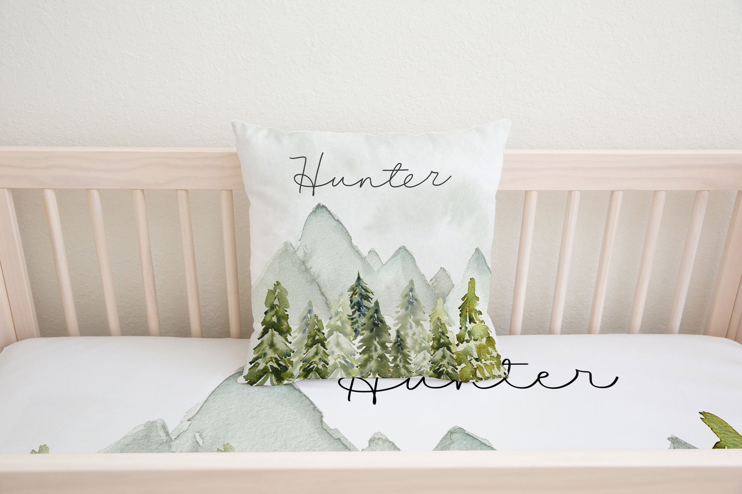 Pine Trees and Mountains Personalized Pillow, Woodland Nursery Decor - Wild Green