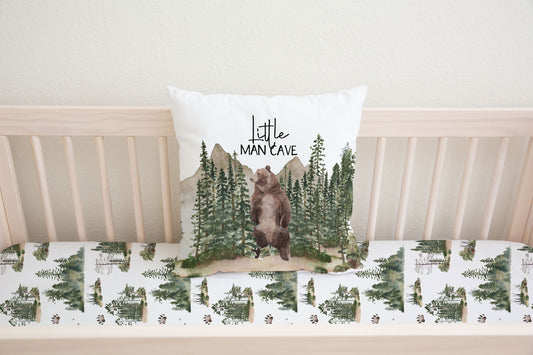 Little Man Cave Bear Pillow Cover Double-sided, Woodland Nursery Bedding- Forest Mist