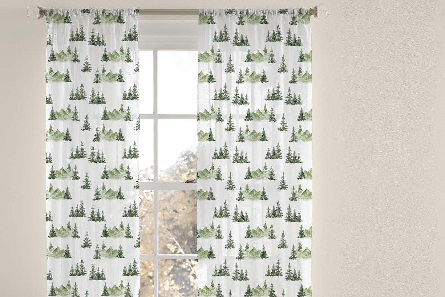 Pine Tree Mountains Sheer Curtain single panel, Forest nursery curtain - Enchanted Green