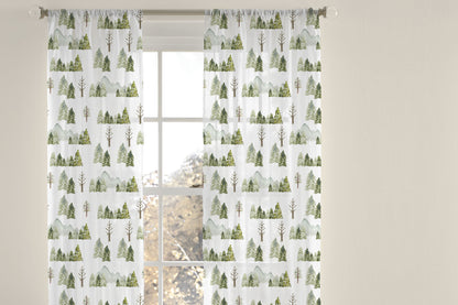 Mountains and trees sheer curtain single panel, Forest nursery curtain - Wild Green