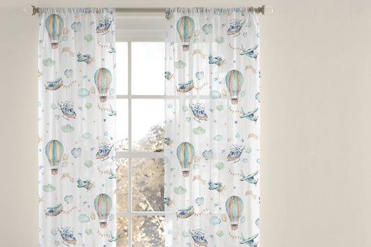 Airplane Sheer curtain single panel, Hot air balloon, Helicopter, Airplane nursery decor, curtain - Up in the Sky