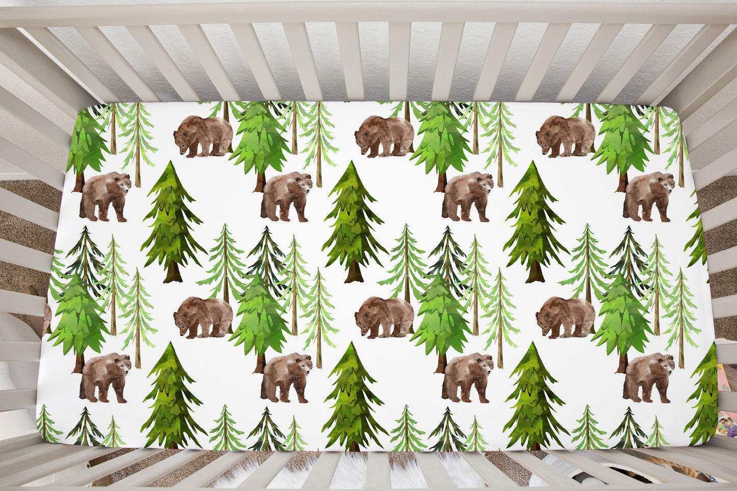 Coniferous Trees and Bear Crib Sheet, Forest Nursery Bedding - Into The Woods