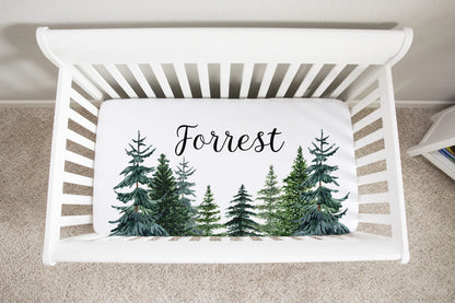 Pine Trees Personalized Minky Crib Sheet, Forest Nursery Bedding - The Forest