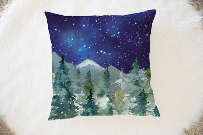 Dark Blue Sky Forest Pillow, Woodland Nursery Decor - Majestic Forest