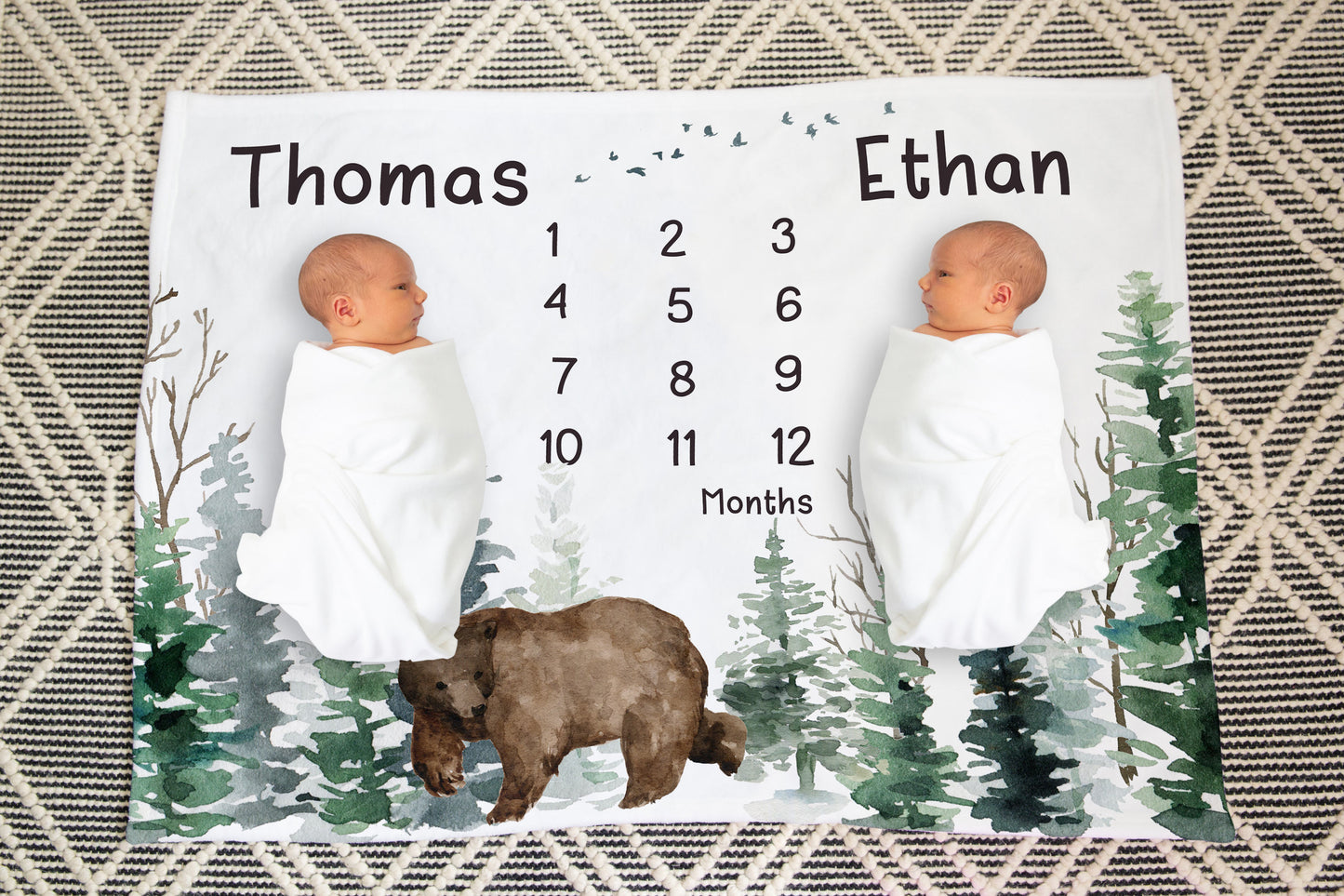 Bear twins milestone blanket boys, Woodland Growth Blanket - Enchanted Forest