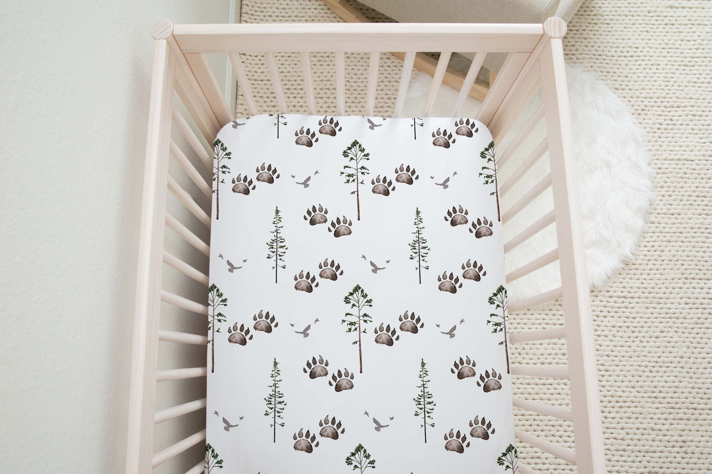 Bear Track and Pines Crib Sheet, Forest Nursery Bedding - Forest Mist