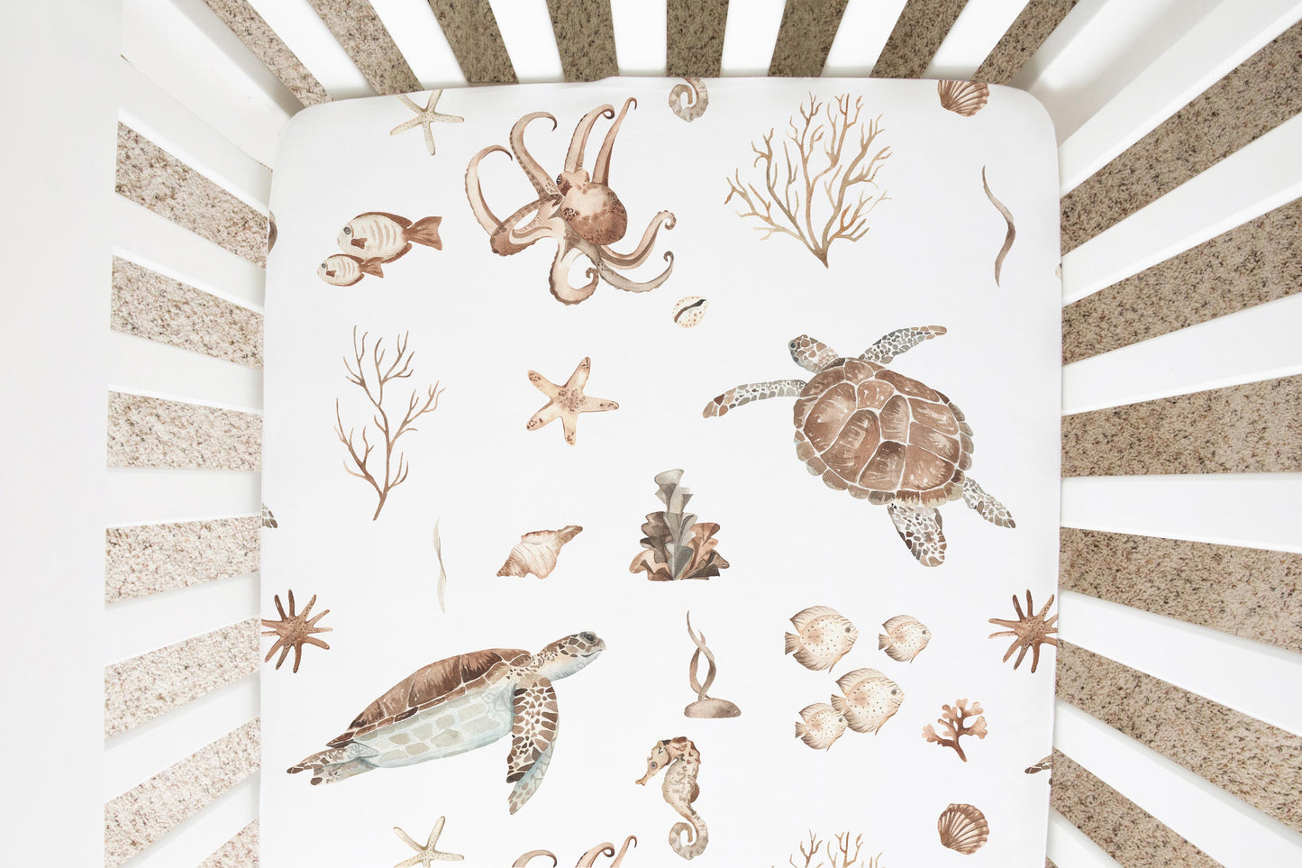 Under The Sea Crib Sheet Earth Tones, Ocean Nursery Bedding - Deep Ocean