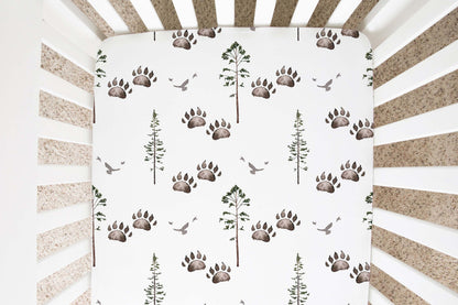 Bear Track and Pines Crib Sheet, Forest Nursery Bedding - Forest Mist