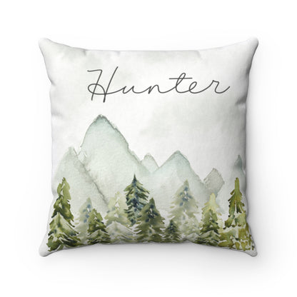 Pine Trees and Mountains Personalized Pillow, Woodland Nursery Decor - Wild Green