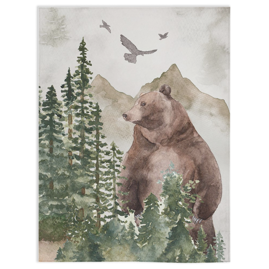 Bear Minky Blanket, Woodland Nursery Bedding - Forest Mist