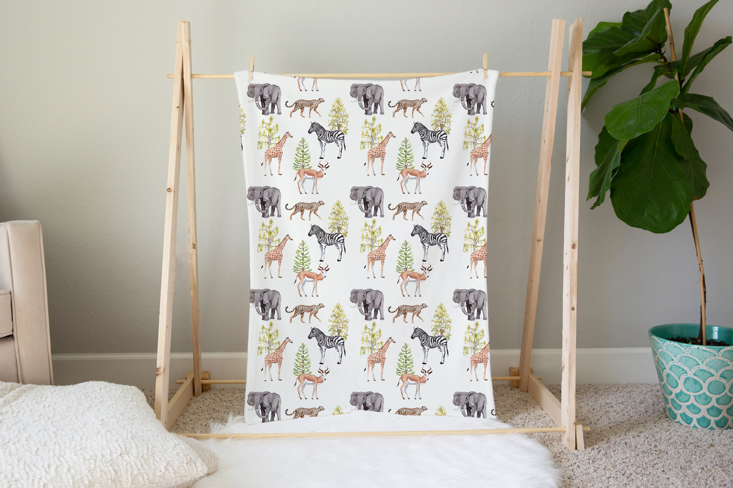 Savanna Animals Minky Blanket, Safari Nursery Bedding - Savanna