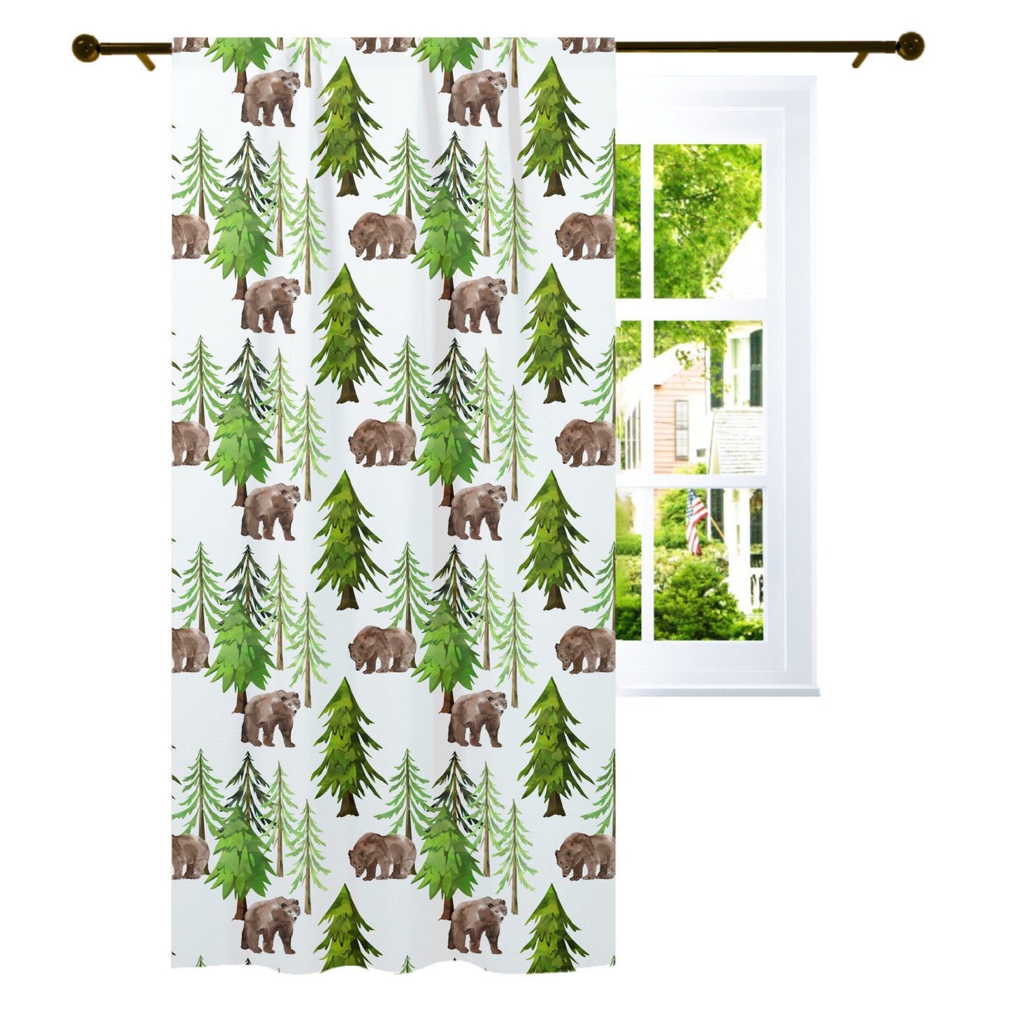 Bear and Pine Trees Curtain Single Panel, Forest Nursery Decor - Into The Woods