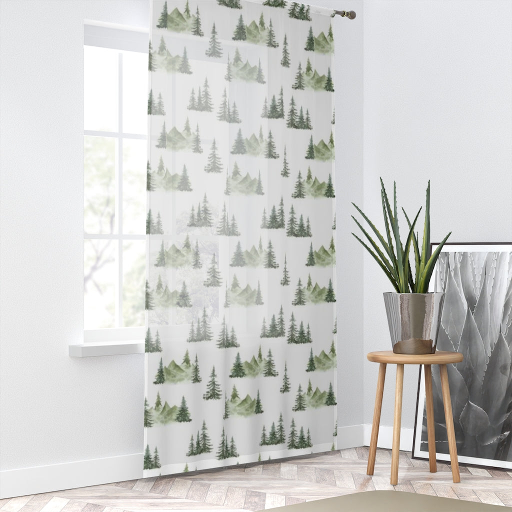 Pine Tree Mountains Sheer Curtain single panel, Forest nursery curtain - Enchanted Green