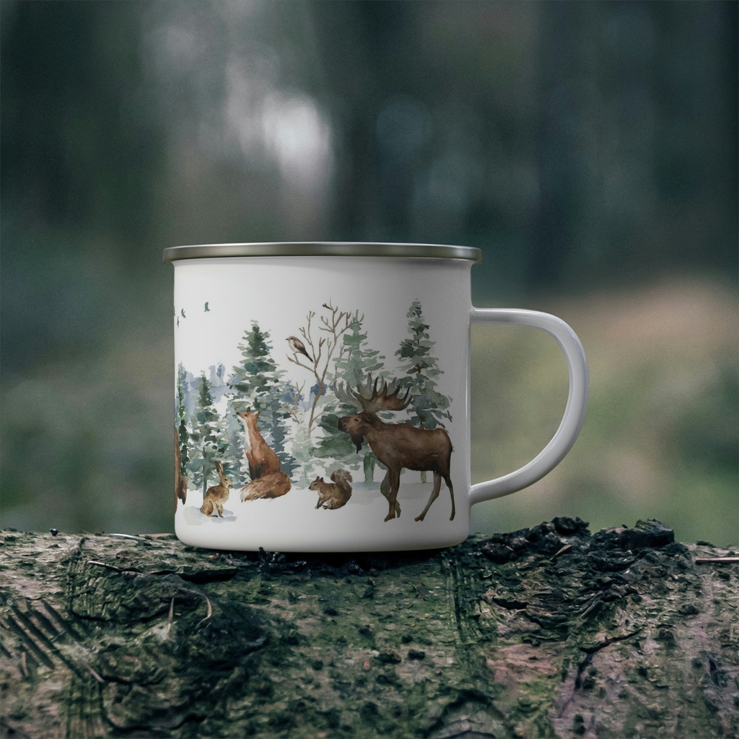 Woodland Enamel Camping Mug, Forest animals coffee cup - Enchanted Forest