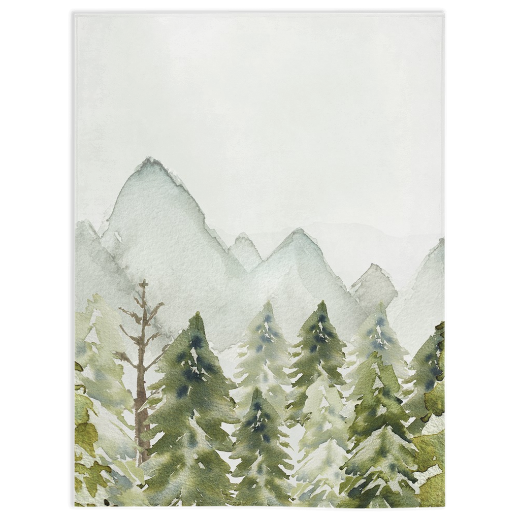 Forest and Mountains Minky Blanket, Woodland Nursery Bedding - Wild Green