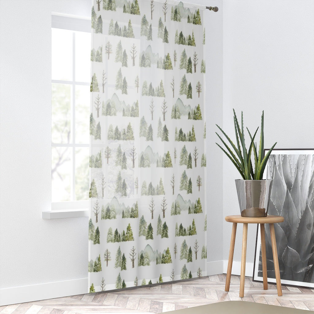 Mountains and trees sheer curtain single panel, Forest nursery curtain - Wild Green