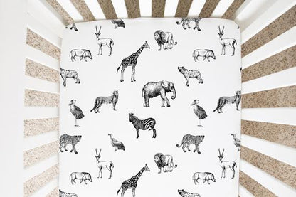 Black and White Safari Crib Sheet, Jungle Nursery Bedding - Black Africa