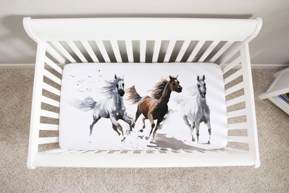 Horses Crib Sheet, Equestrian Nursery Bedding - Wild Spirit