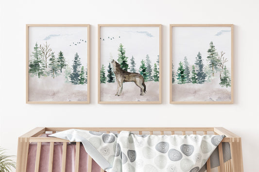 Wolf Wall Art, Woodland Nursery Prints, Set of 3 DIGITAL DOWNLOAD - Enchanted Forest